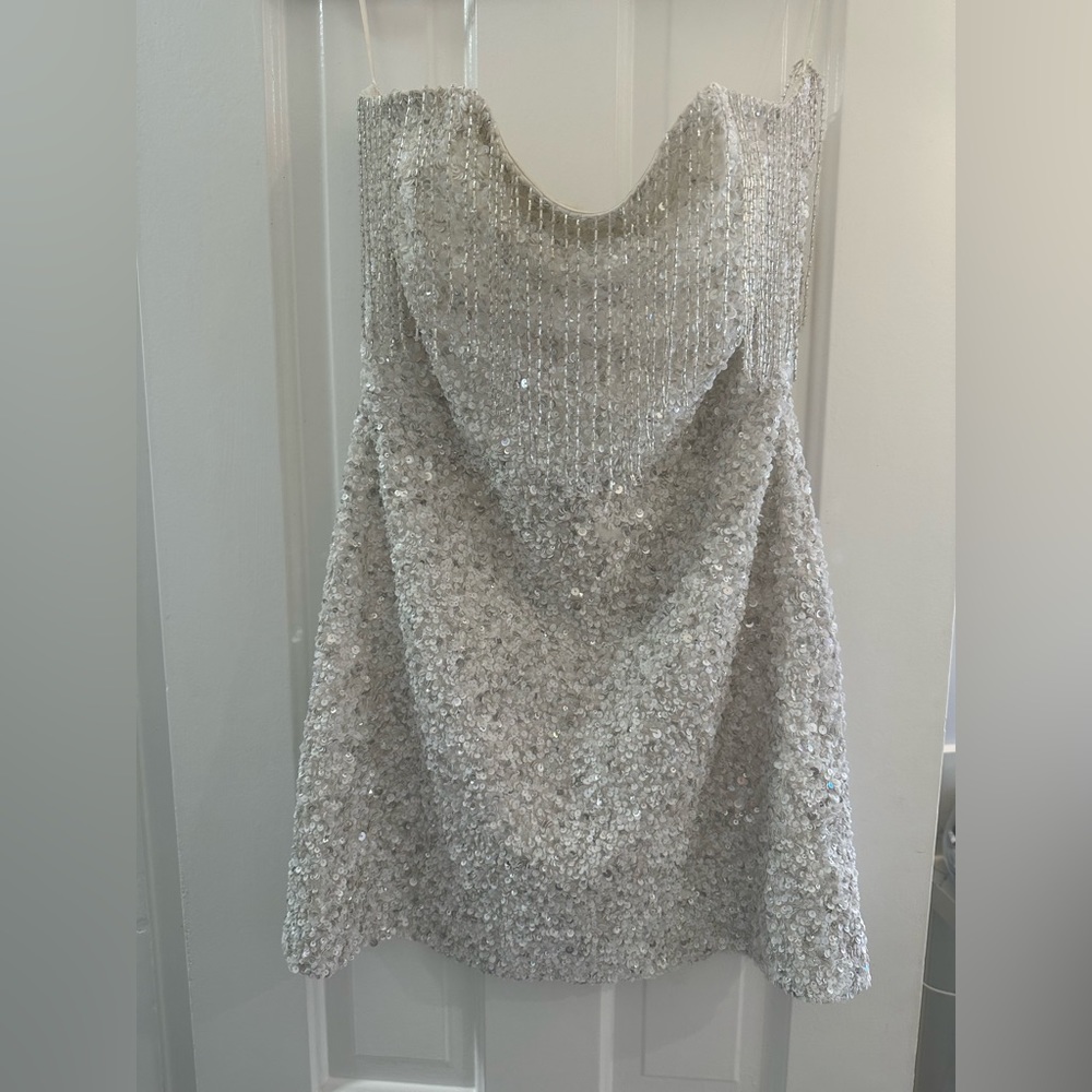 Revolve Cassandra Strapless Tube Dress - White, Silver, Sequin - Picture 3 of 7
